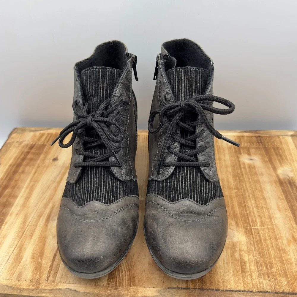 Remonte Ankle Boots Gray Leather Corduroy Victorian Lace Up Zip 37 6.5/7 Gothic